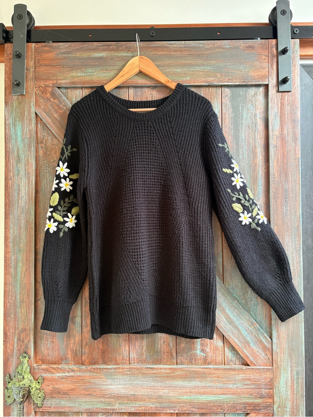 Simply Couture Black Crewneck Sweater with Daisy Sleeve Embroidery